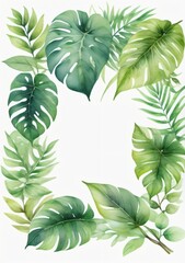 Watercolor Illustration Of A Watercolor Hand Painted Frame With Tropical Green Leaves And Branches Isolated On White Background