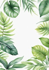 Fototapeta na wymiar Watercolor Illustration Of A Watercolor Hand Painted Frame With Tropical Green Leaves And Branches Isolated On White Background