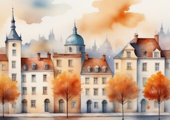 Fototapeta na wymiar Childrens Illustration Of Cityline Watercolor Painting Landscape Abstract Old European City Background White, Autumn Print Poster Vertical