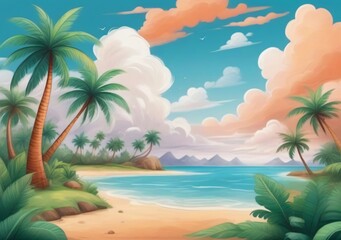 Childrens Illustration Of Landscape With Beautiful Sky With Clouds And Coconut Trees.