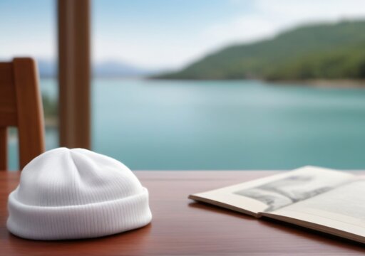 Childrens Illustration Of A White Beanie Sitting On Top Of A Table Next To A Blurry Image Of A Body Of Water.