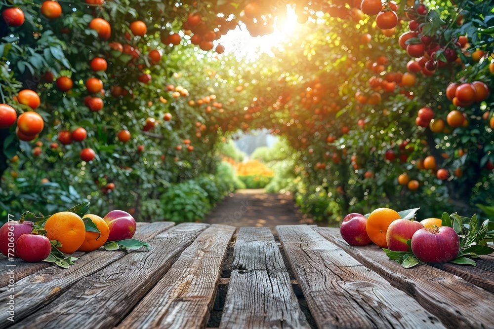 Aufkleber Peach apple garden background with empty wooden table top in front for product promotion 