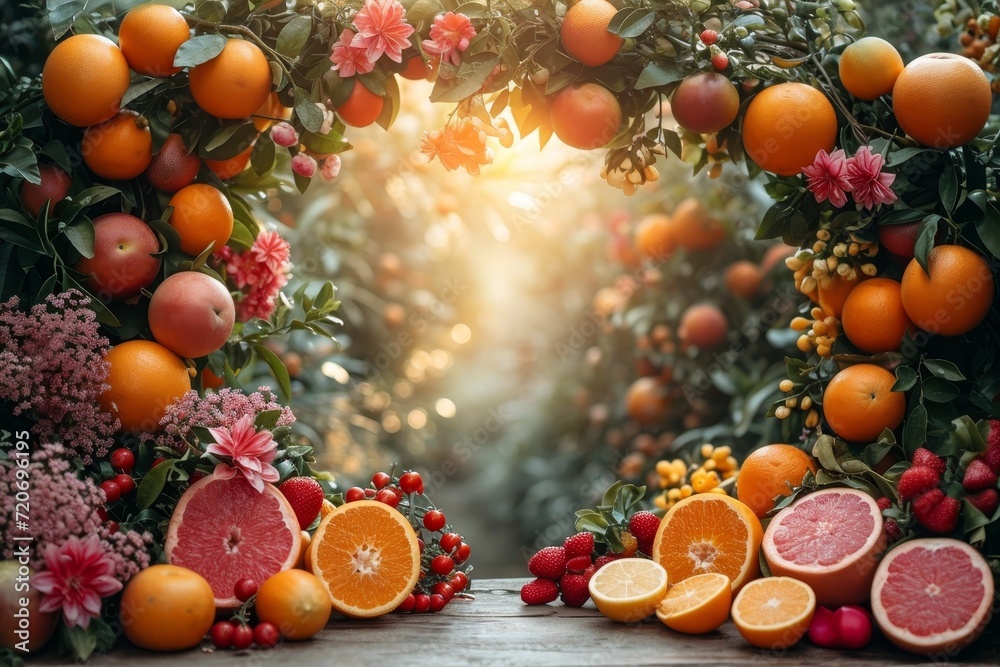 Poster citrus garden background with empty wooden table top in front for product promotion