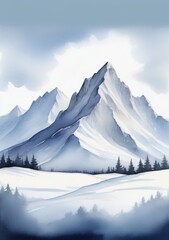 Watercolor Illustration Of A Snow Mountain Isolated On White Background