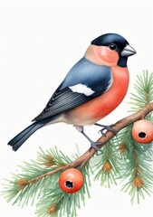 Watercolor Illustration Of A Bullfinch Bird On Pine Branch Isolated On White Background