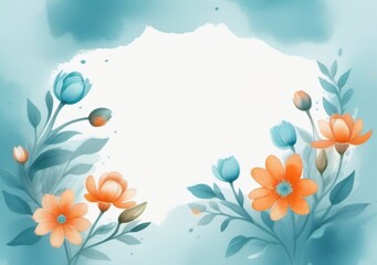 Childrens Illustration Of Flowers With Cyan Orange Watercolor Style For Background And Invitation Wedding Card,
