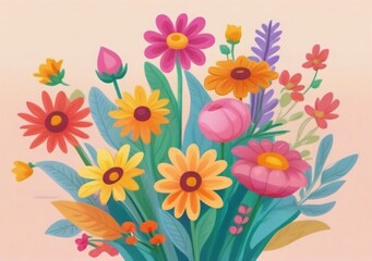 Obraz premium Childrens Illustration Of Beautiful Bouquet Flowers On Color Background.