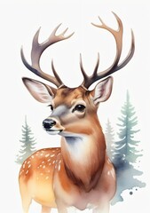 Watercolor Illustration Of A Deer Isolated On White Background