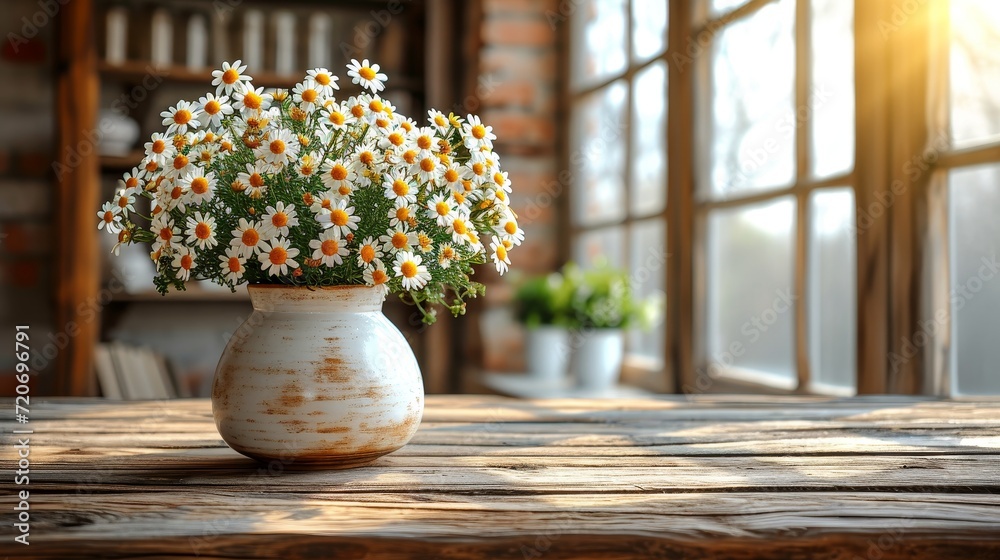 Aufkleber summer flowers in vintage vase background with empty table top in front for product promotion, sunli
