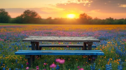 Fototapeta premium Tranquil Sunset over a Colorful Wildflower Meadow with Wooden Bench and table top in front for product promotion