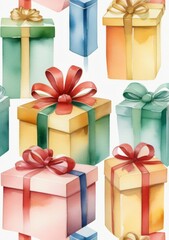 Watercolor Illustration Of A Set Of Golden, Green, White, Pink, Red, Blue Gift Boxes Isolated On White Background