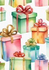 Fototapeta premium Watercolor Illustration Of A Set Of Golden, Green, White, Pink, Red, Blue Gift Boxes Isolated On White Background