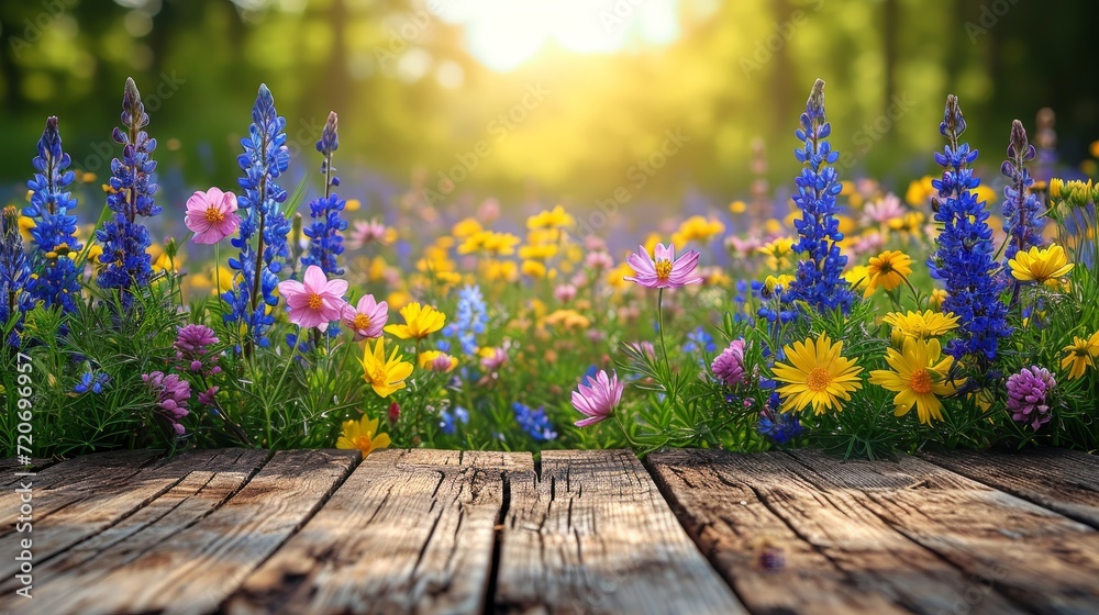 Poster colorful spring flowers garden background with empty table top in front for product promotion, sunli