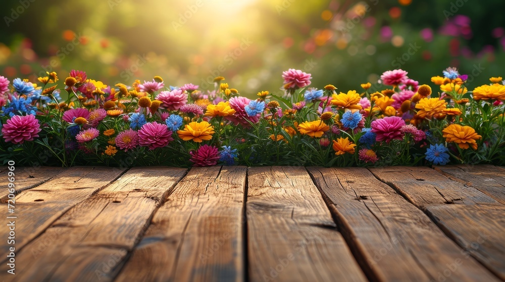 Poster summer flowers garden background with empty table top in front for product promotion, sunlight soft 
