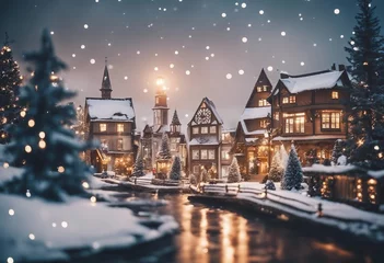 Foto auf Acrylglas Christmas village with Snow in vintage style Winter Village Landscape Christmas Holidays Christmas C © ArtisticLens