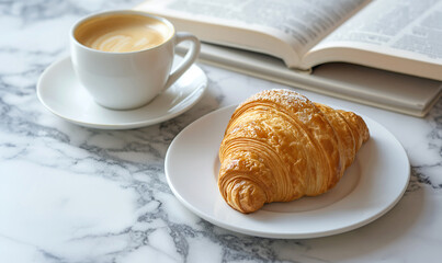 On a marble table there is a cup of latte and a croissant against the background of an open book. Universal, lightweight, bright background for websites and social networks.