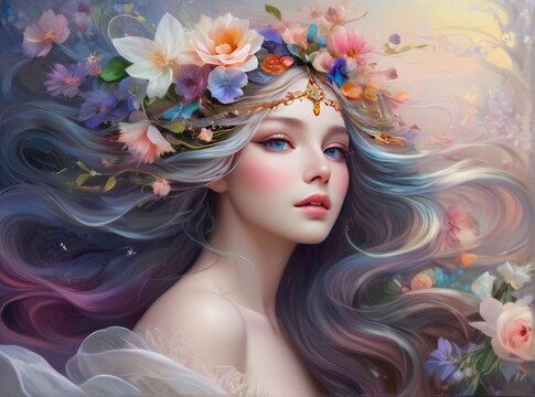 Whimsical Sylphs: A Tapestry of Delicate Colorful Dreams &ndash; Woman's Mesmerizing Eye Adorned with Ethereal abstract Flowers, Woven into Flowing Tresses for an Elegance Beyond Imagination