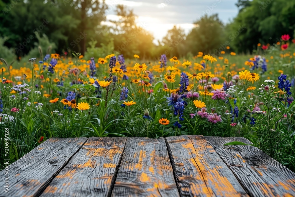 Poster summer colorful flowers garden background with empty table top in front for product promotion