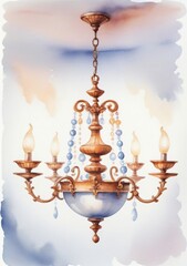 Watercolor Illustration Of A Chandelier On The Ceiling Isolated On White Background