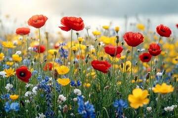 Fototapeta premium Vibrant Wildflower Meadow Under Cloudy Sky