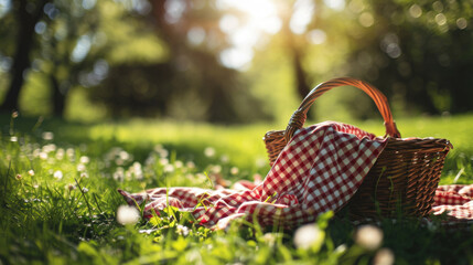 Wicker picnic basket with a red and white checkered cloth on it, set on a grassy field with dappled sunlight filtering through the trees.