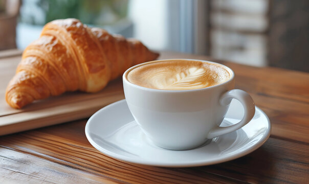 Cup of coffee with croissant on a wooden table close-up.