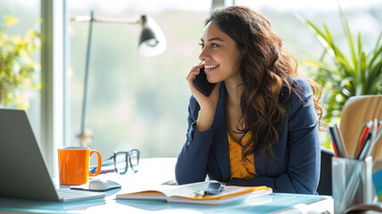 Obraz premium Smiling young woman speaking on a smartphone in a well-lit, modern office setting with a laptop
