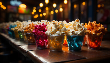 Gourmet snacks on table, movie theater fun with refreshing drinks generated by AI - obrazy, fototapety, plakaty