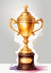 Fototapeta na wymiar Watercolor Illustration Of A First Place Gold Trophy Cup Isolated On White Background