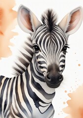 Fototapeta na wymiar Watercolor Illustration Of A Portrait Of A Baby Zebra Cub Isolated On White Background