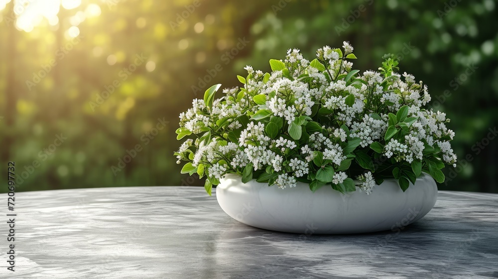 Poster spring flowers in vase on table top in front for product promotion, sunlight soft background