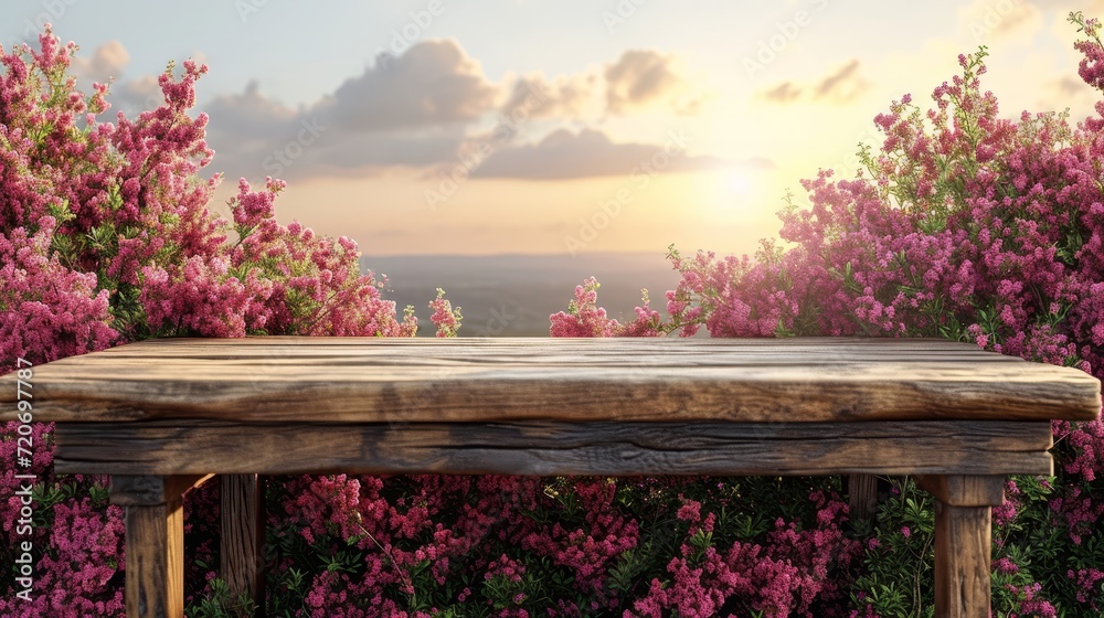 Poster spring garden background with empty wooden  table top in front for product promotion, sunlight soft background