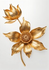 Watercolor Illustration Of A Golden Metallic 3D Flower Isolated On White Background