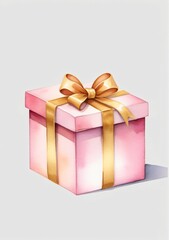 Watercolor Illustration Of A Pink Gift Box With A Gold Ribbon Isolated On White Background