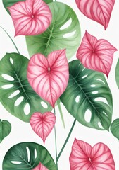 Watercolor Illustration Of Pink Caladium And Green Palm Leaf Isolated On White Background