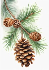 Watercolor Illustration Of A Pine Tree Branch And Cone Isolated On White Background