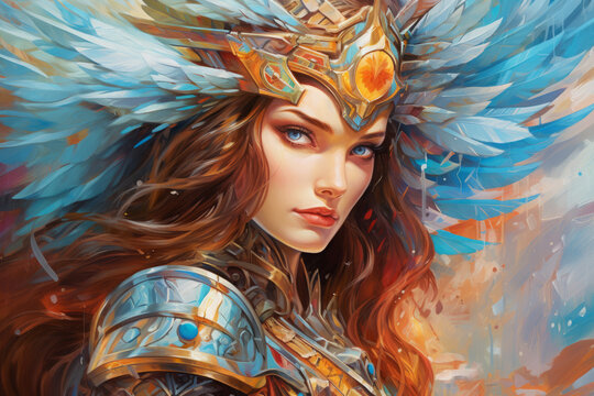 Valkyrie, a warrior maiden in armor and a helmet with wings. Norse mythology. Fantasy portrait. A colorful illustration.