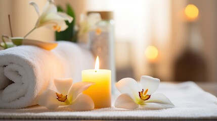 Fototapeta na wymiar decoration Candles are lit. for spa and massage. white frangipani flowers blooming, plumeria, black zen stone, health concept, massage, spa,