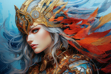 Valkyrie, a warrior maiden in armor and a helmet with wings. Norse mythology. Fantasy portrait. A colorful illustration. - obrazy, fototapety, plakaty