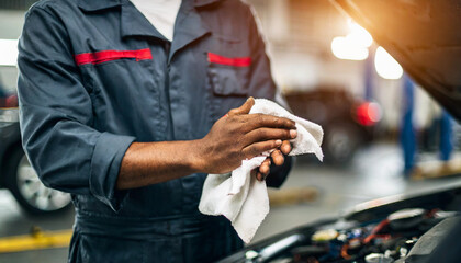 Auto mechanic, bathed in low lighting, wipes hands with satisfaction after completing a successful repair in a well-equipped workshop