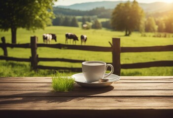 Empty wooden table top with meadow farm and cows on a grass green field during the summer morning li - obrazy, fototapety, plakaty