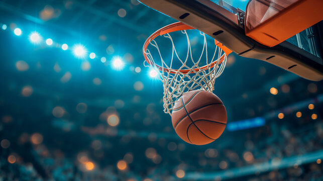 Basketball Successfully Going Through the Hoop During an Intense Basketball Game