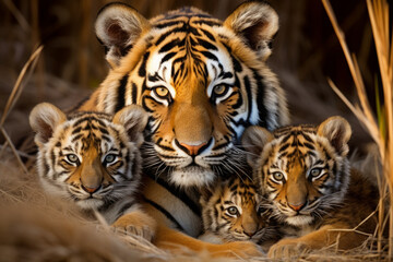 mother tigress with her young ones, little tiger cubs, cuddles together. family, motherhood in animals. wildlife.