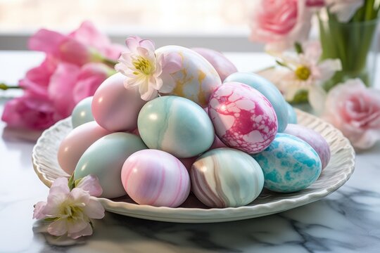 easter plate decorated with colored pastel eggs, in light magenta and cyan, marble, delicate shading. festive tradition.