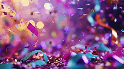 Festive explosion of colorful confetti in mid-air, with a blurred background enhancing the sense of movement and celebration.