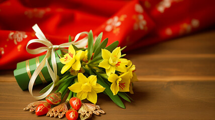 Handmade Yellow and Green Martisor bracelets with floral accents placed on a Romania, celebrated on March , tradition