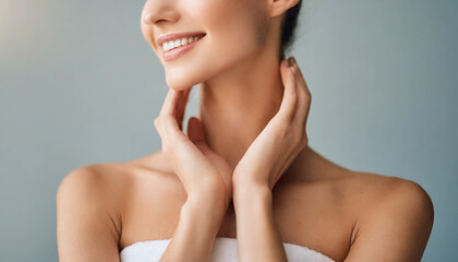 Obraz na płótnie Canvas hands delicately grace flawless bare neck and shoulder, symbolizing skin care and purity on a clean background in this stock photo