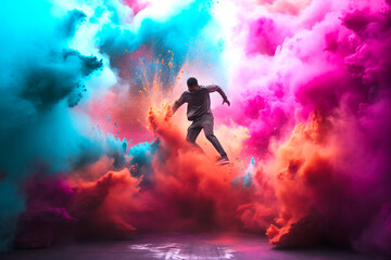 Young Man celebrating Holi With colorful powder paint, Festival of Colors