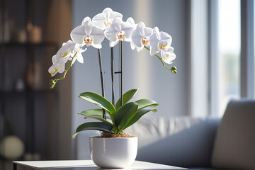 Orchid, orchidaceae, flower with leaves in a pot. Plant, nature, phalaenopsis, blossom, bloom, floral and flora - obrazy, fototapety, plakaty