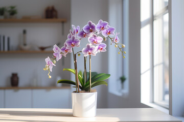 Orchid, orchidaceae, flower with leaves in a pot. Plant, nature, phalaenopsis, blossom, bloom, floral and flora